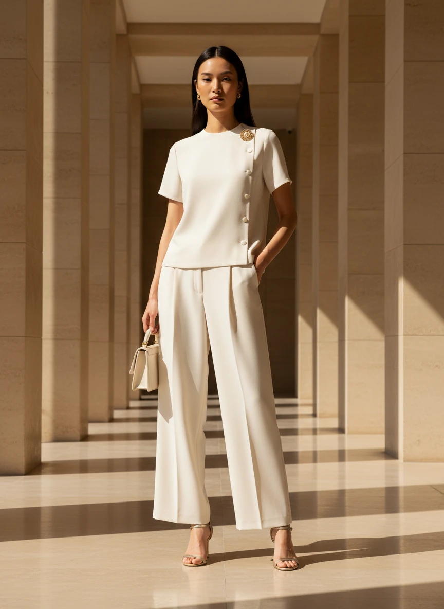 A model wearing a cream short-sleeve top and matching wide-leg trousers standing in a colonnade.