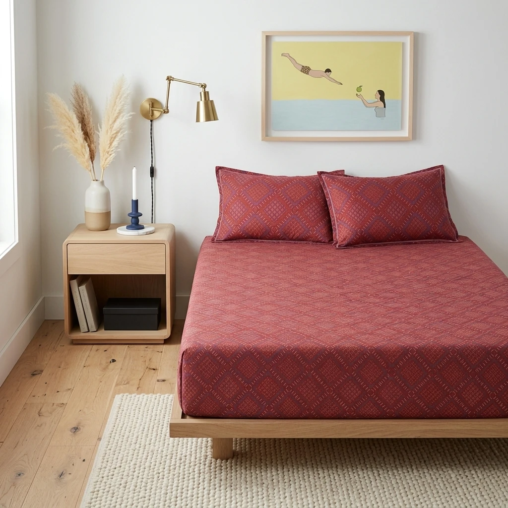 Kanika bed sheet in deep red with geometric pattern on a wooden frame bed.