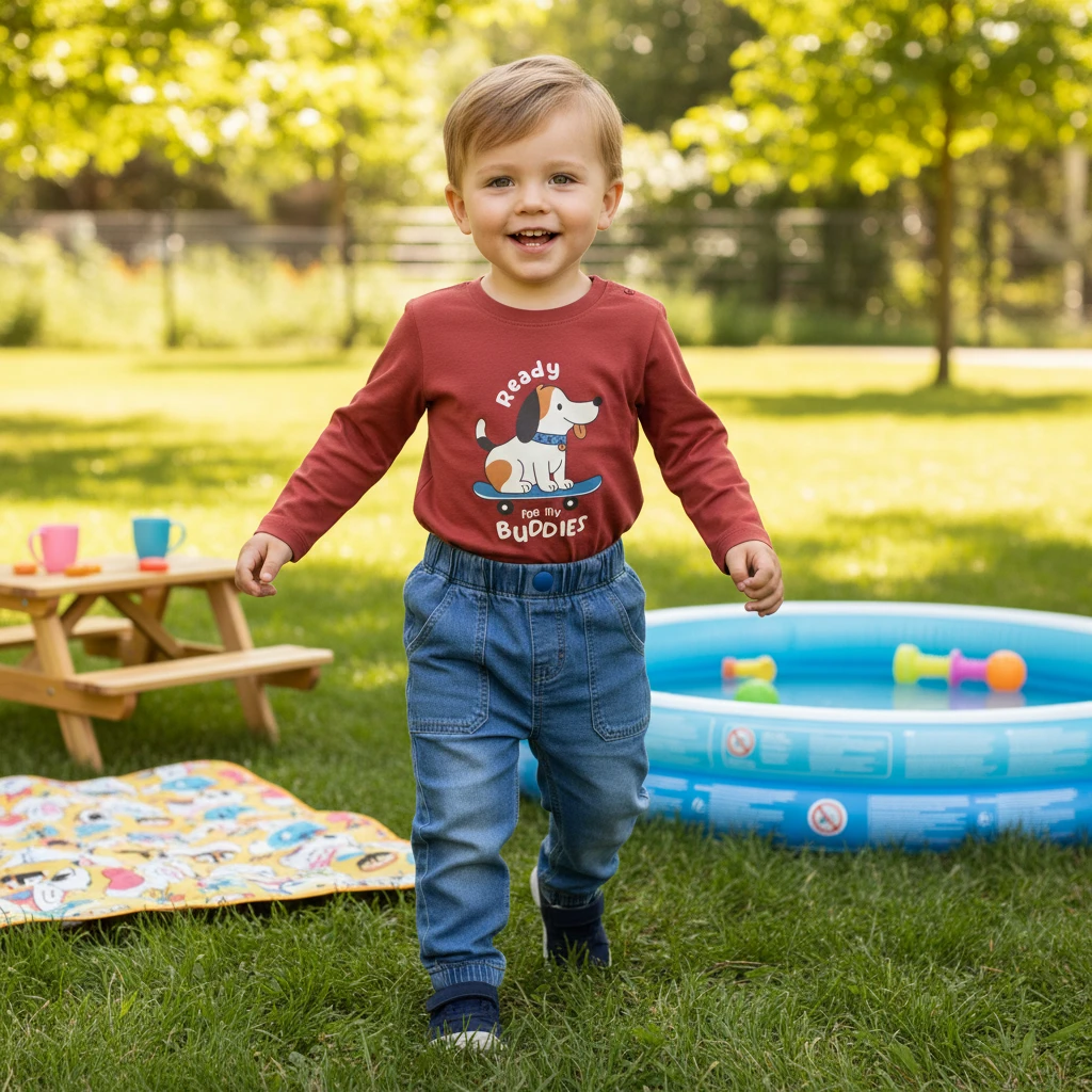 Young child in a red long-sleeve shirt with dog graphic and blue denim pants standing in a sunny outdoor park.