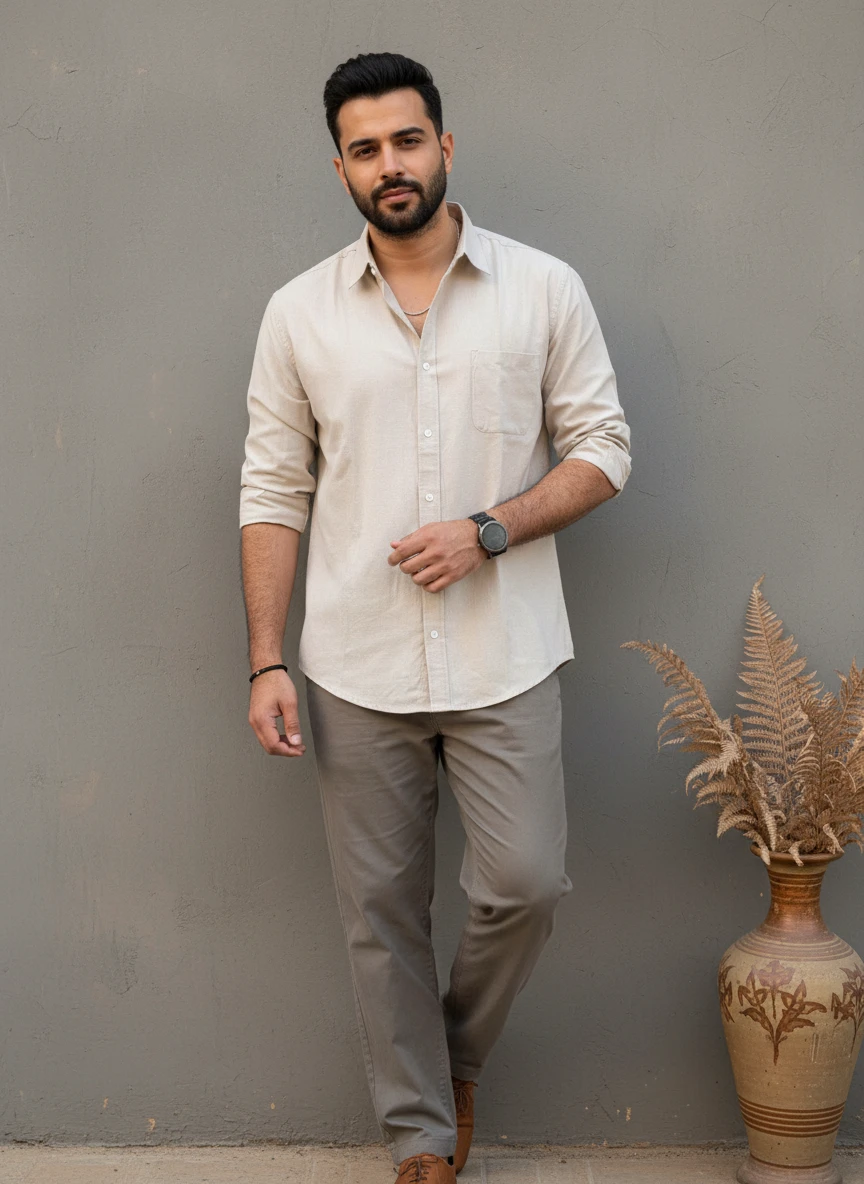 Man standing against a grey wall wearing a beige button-down shirt and grey trousers.