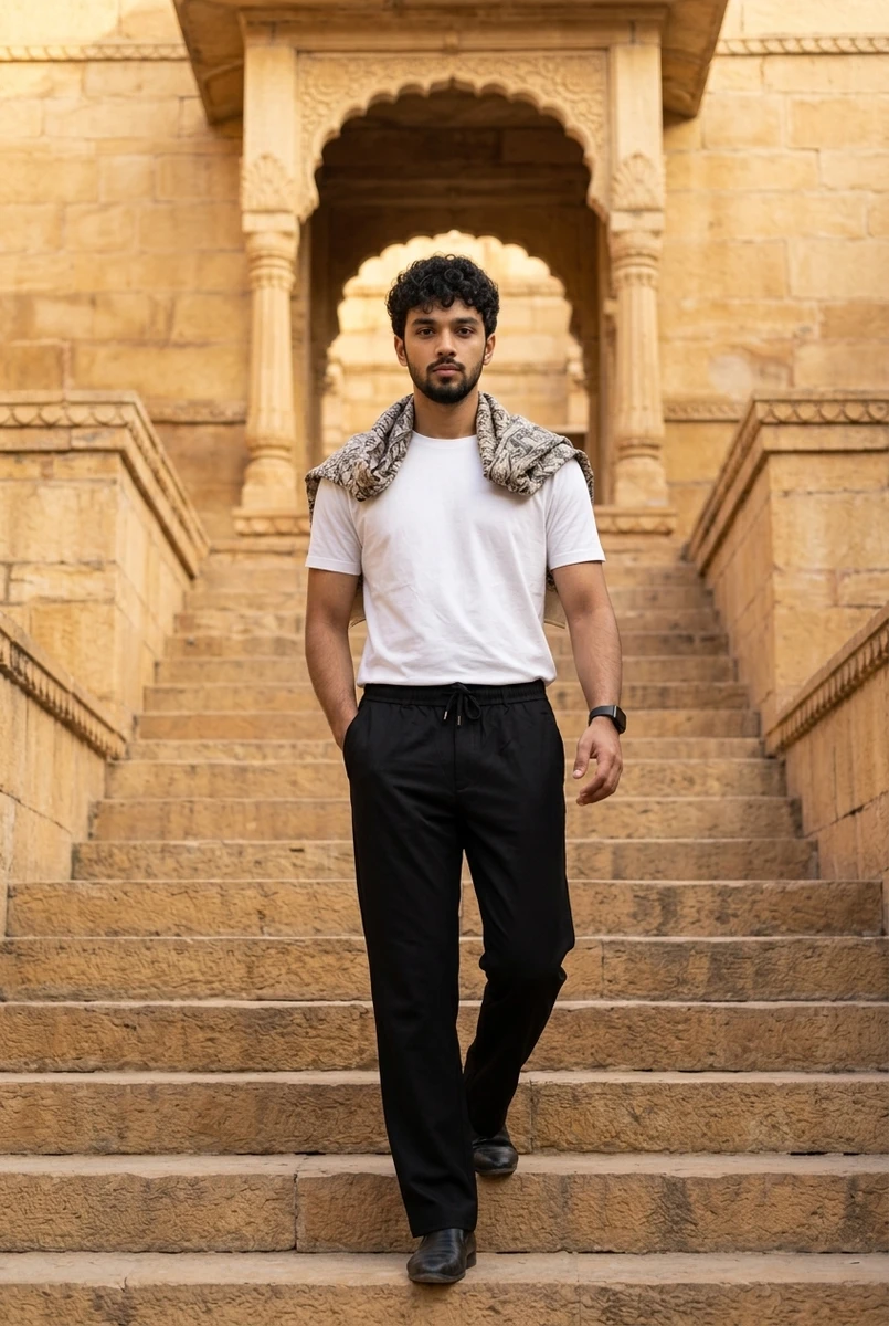 A man wearing a white crew neck t-shirt and black trousers walks down stone steps with a patterned shawl draped on shoulders.