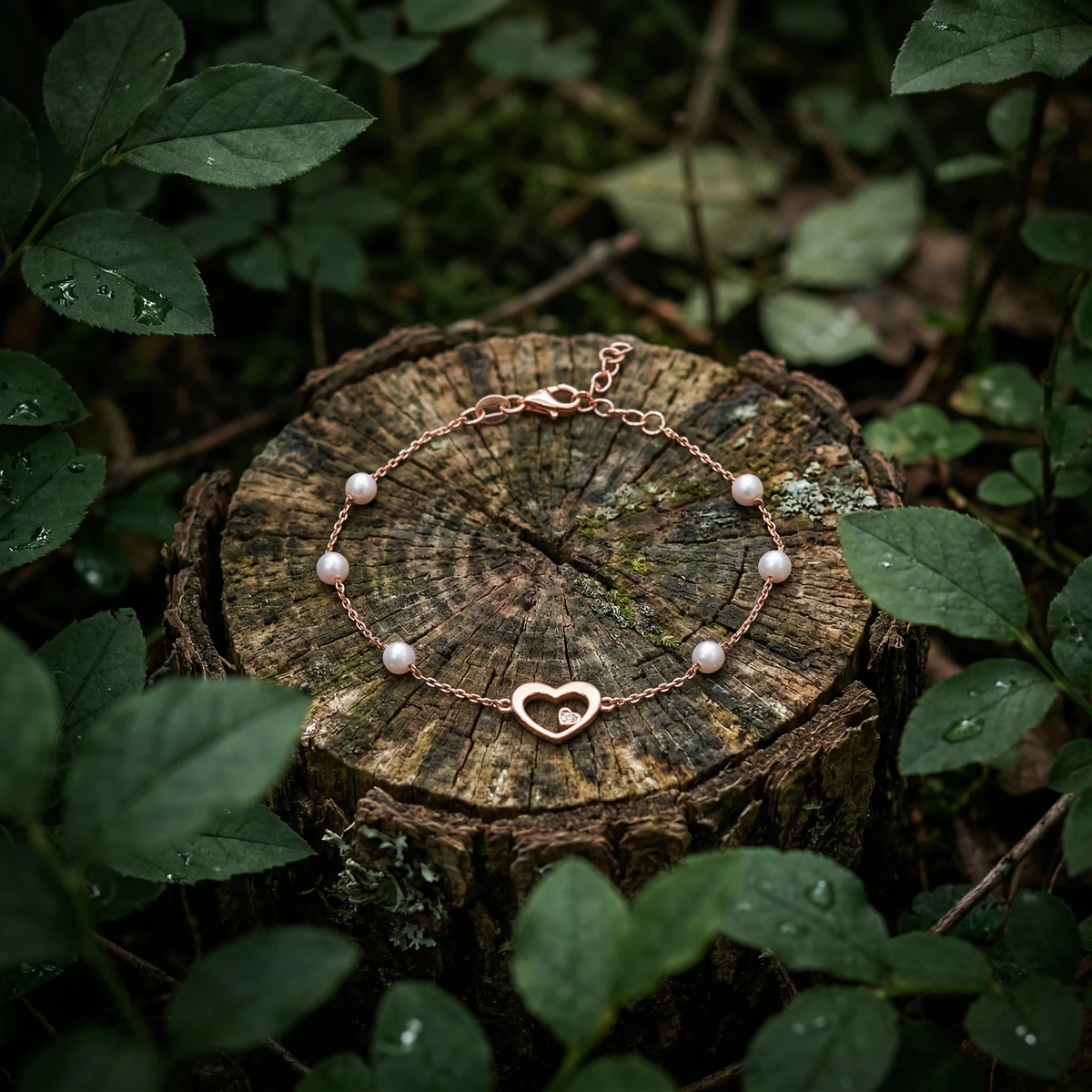 Outdoor lifestyle AI photoshoot of a pearl bracelet on a tree stump, for a bracelet brand selling on marketplaces