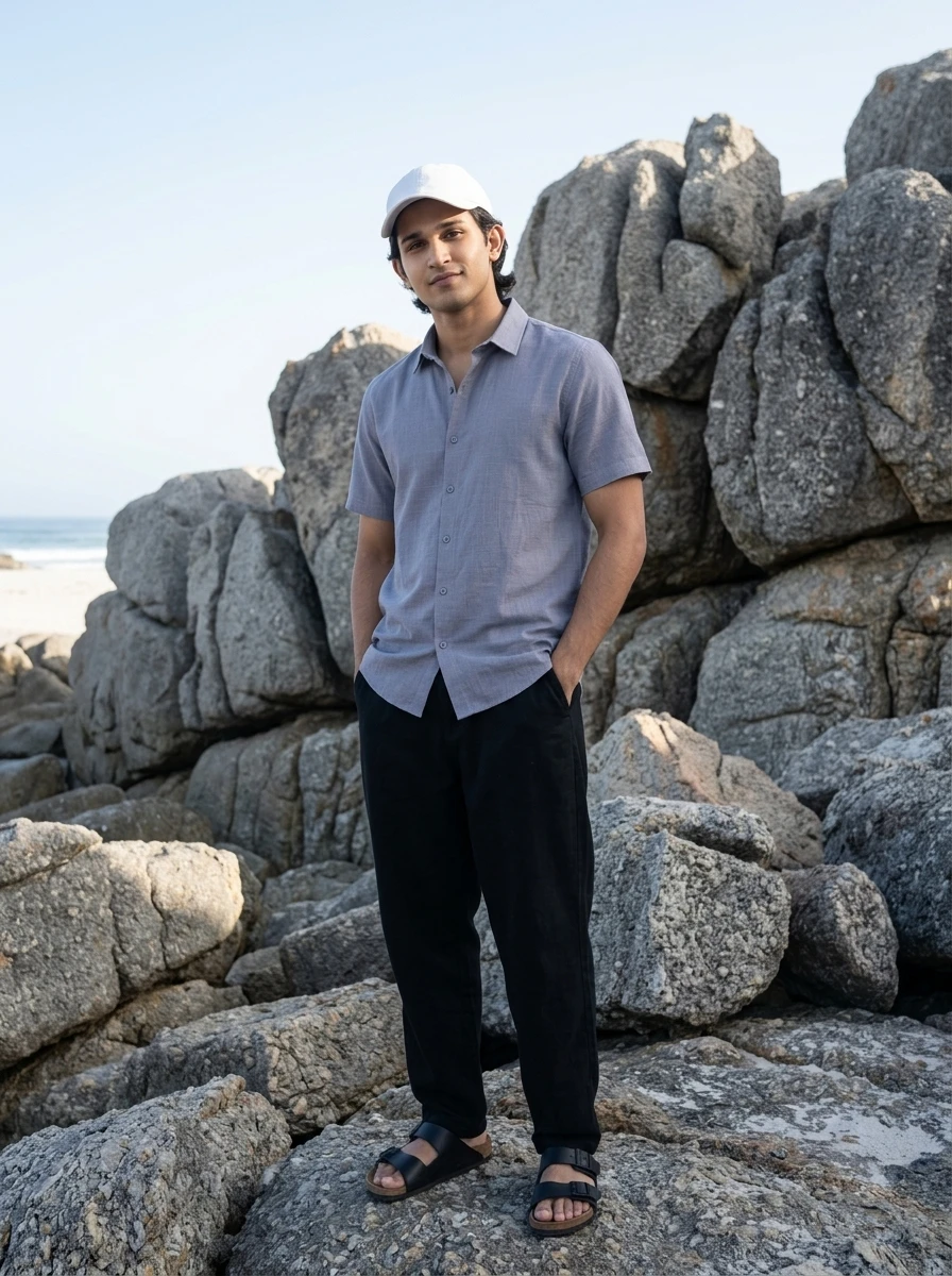 Man standing on rocky beach wearing a grey short-sleeve button-down shirt, black trousers, sandals, and a white baseball cap.