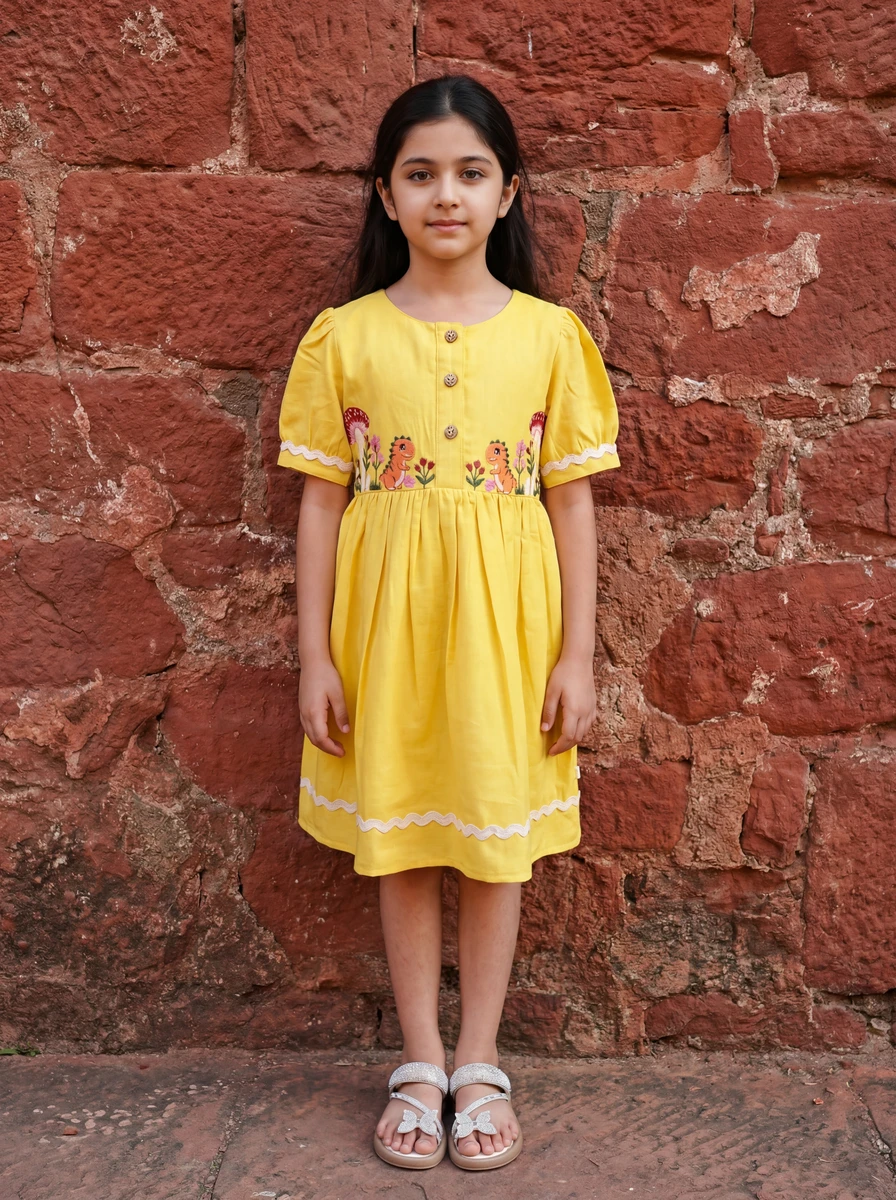 Young girl standing against a textured red brick wall, wearing a short-sleeve yellow dress with dinosaur embroidery and scalloped white trim.