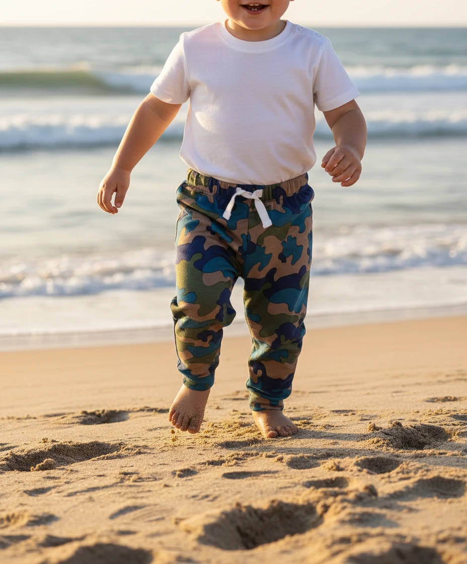 Toddler walking barefoot on a sandy beach wearing a plain white t-shirt and camo print joggers with a white drawstring.