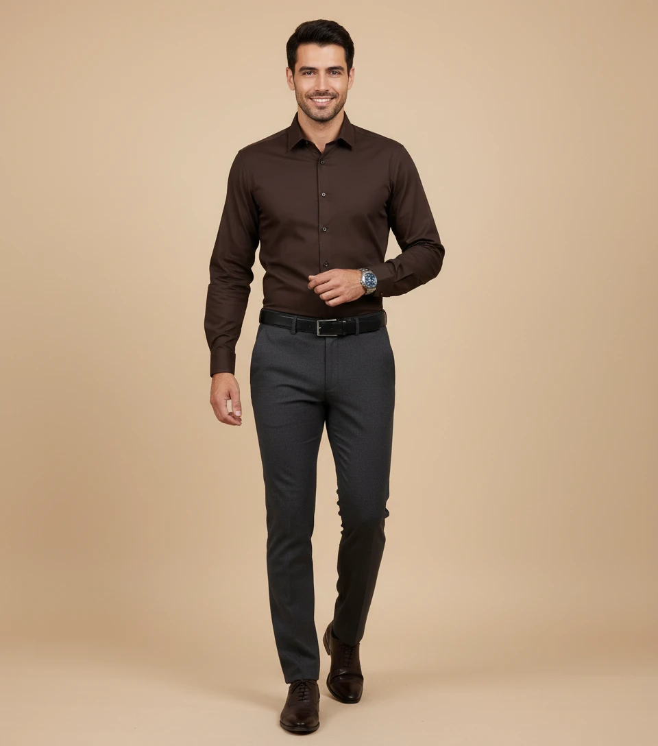Man wearing a dark brown long-sleeve button-down shirt and grey trousers against a beige studio backdrop.