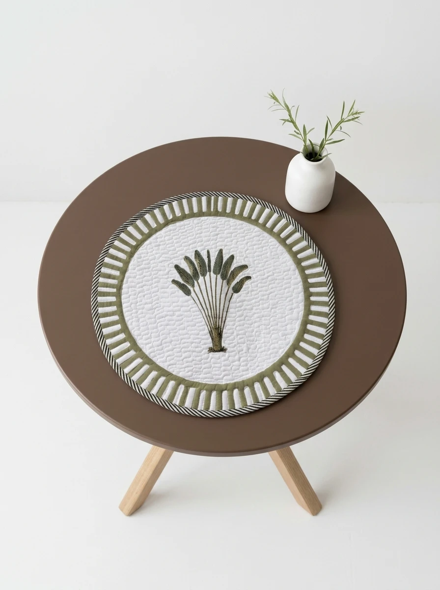 Round quilted table mat in white and green featuring a botanical palm motif on a brown table.