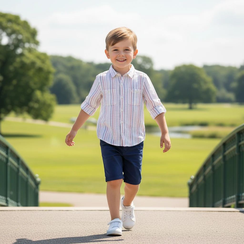 Young boy wearing a white button-down shirt with red and blue vertical stripes and navy shorts walking on a bridge.