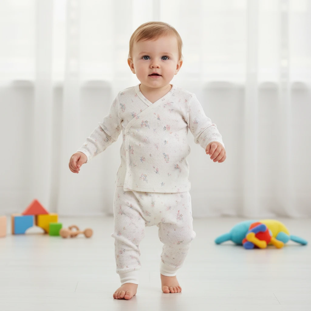 A toddler wearing a white floral rib-knit long-sleeve wrap top and matching leggings in a brightly lit room with toys.