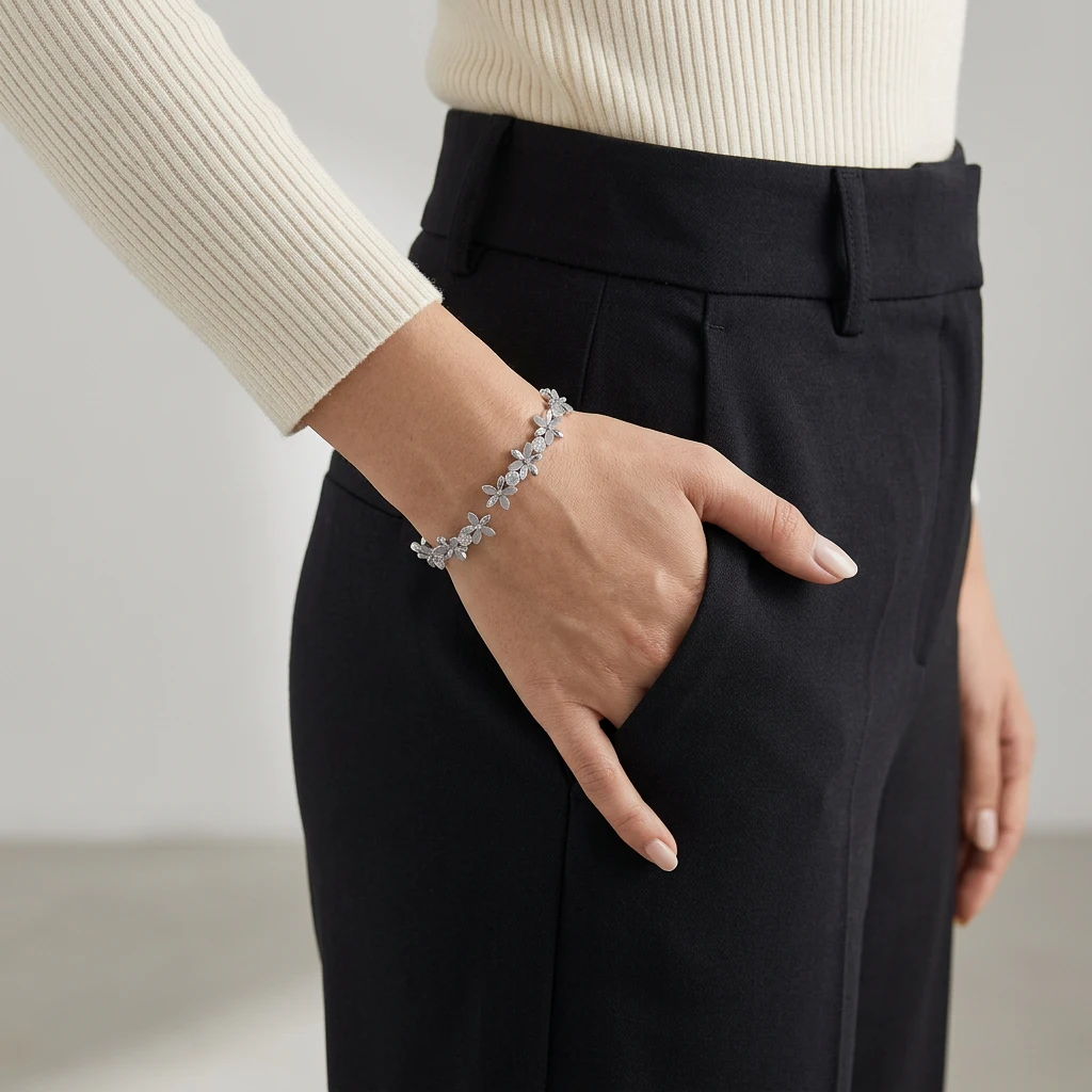 Studio AI photoshoot on a model of a flower-shaped crystal bracelet, for a bracelet brand selling on marketplaces