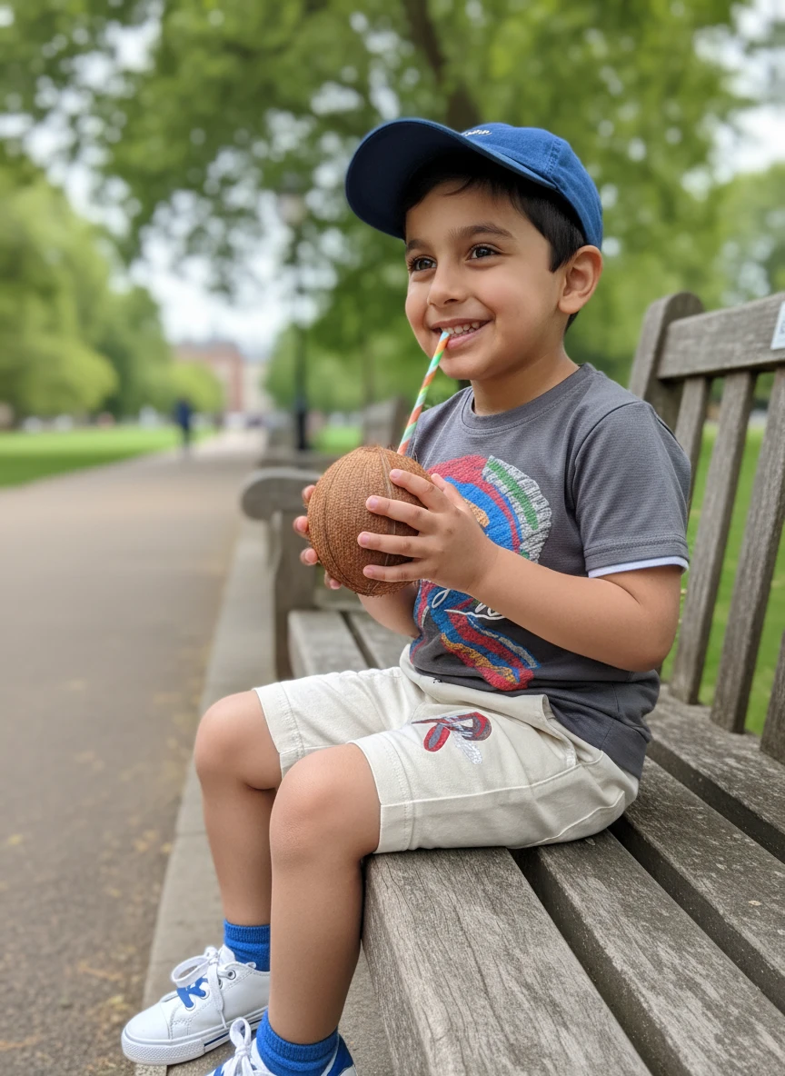 Young boy in a blue cap, grey t-shirt, and white shorts sitting on a park bench drinking from a coconut.