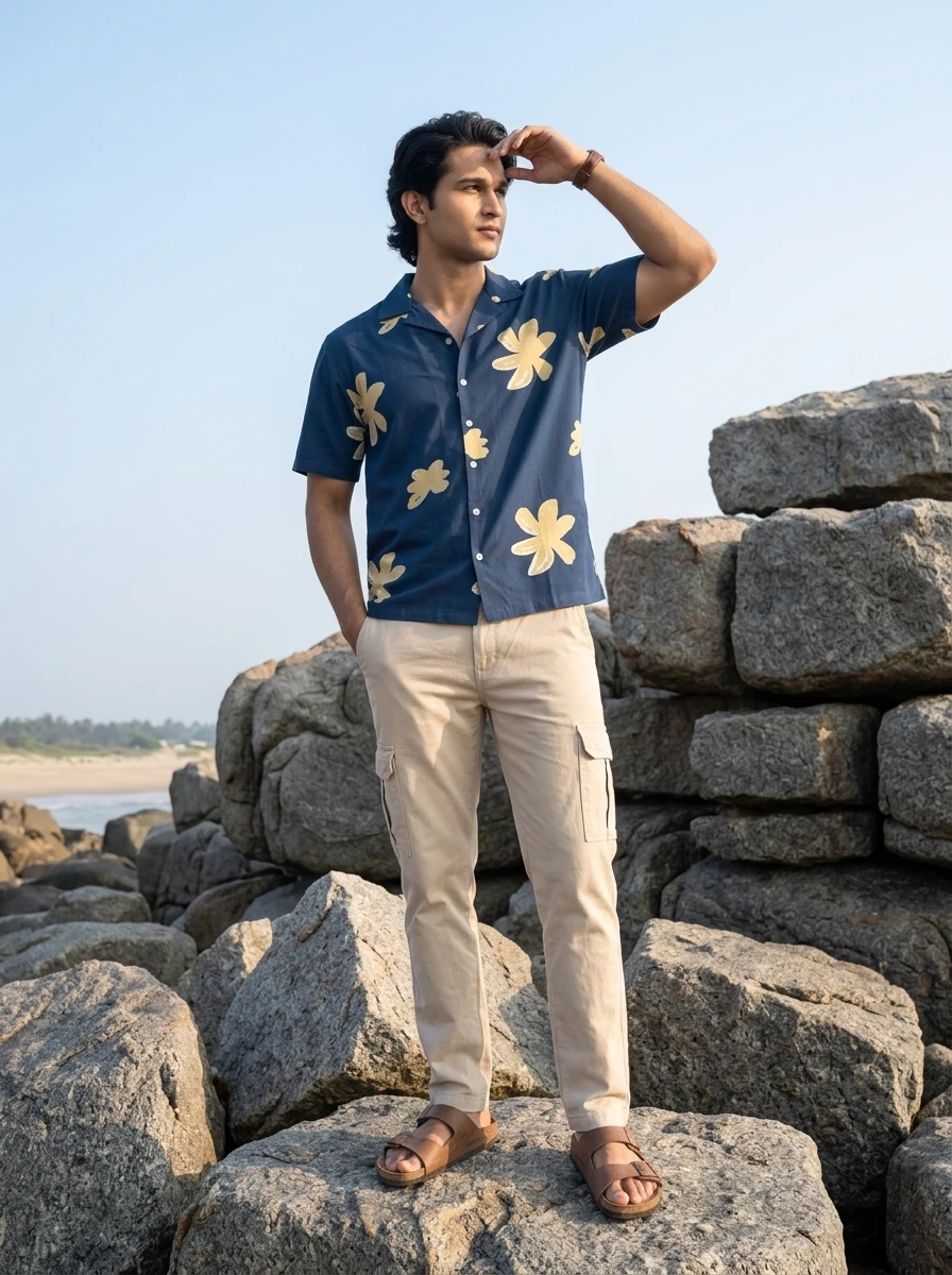 Man wearing a navy floral short-sleeve shirt and beige cargo pants standing on coastal rocks against a clear sky.