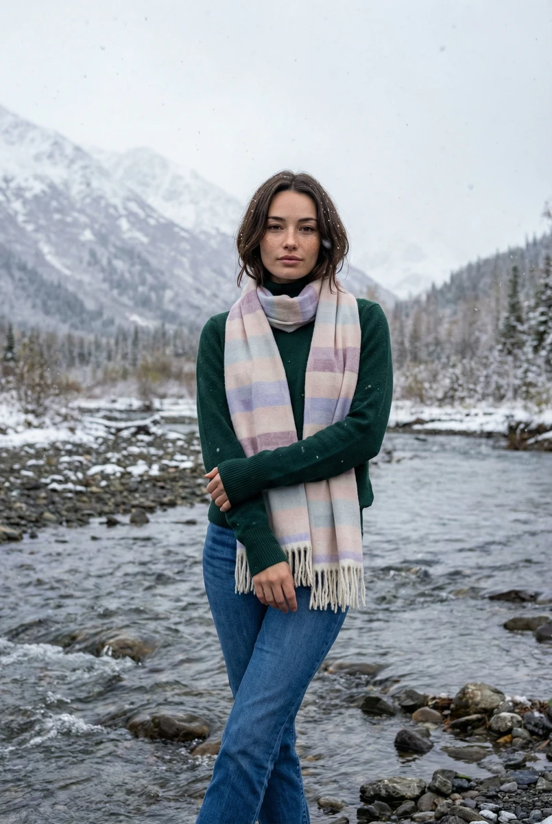 Woman wearing a forest green knit turtleneck and a soft striped pastel scarf by a snow-covered mountain river.