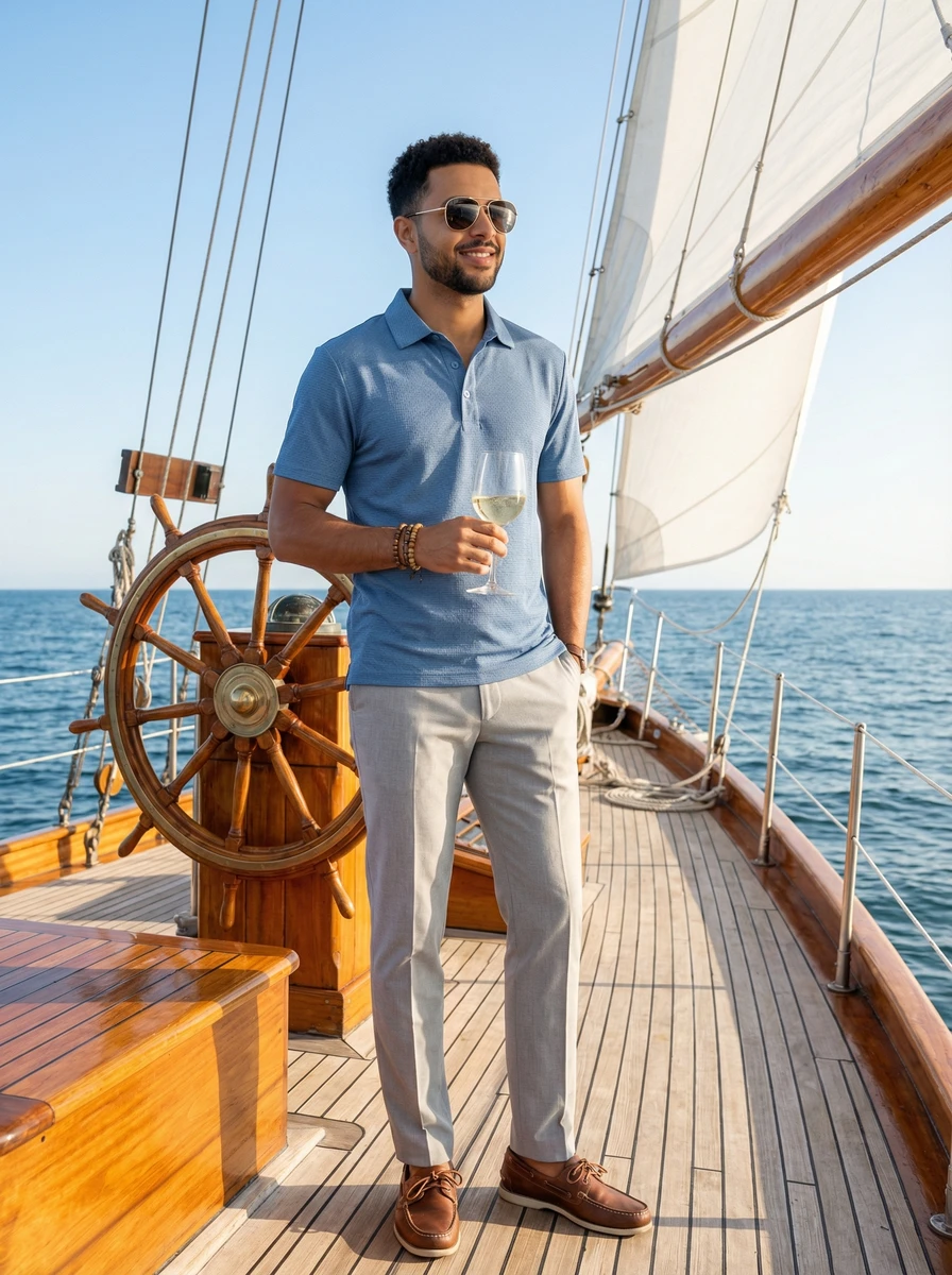 A man wearing a blue textured polo shirt and grey trousers on a wooden sailboat deck.