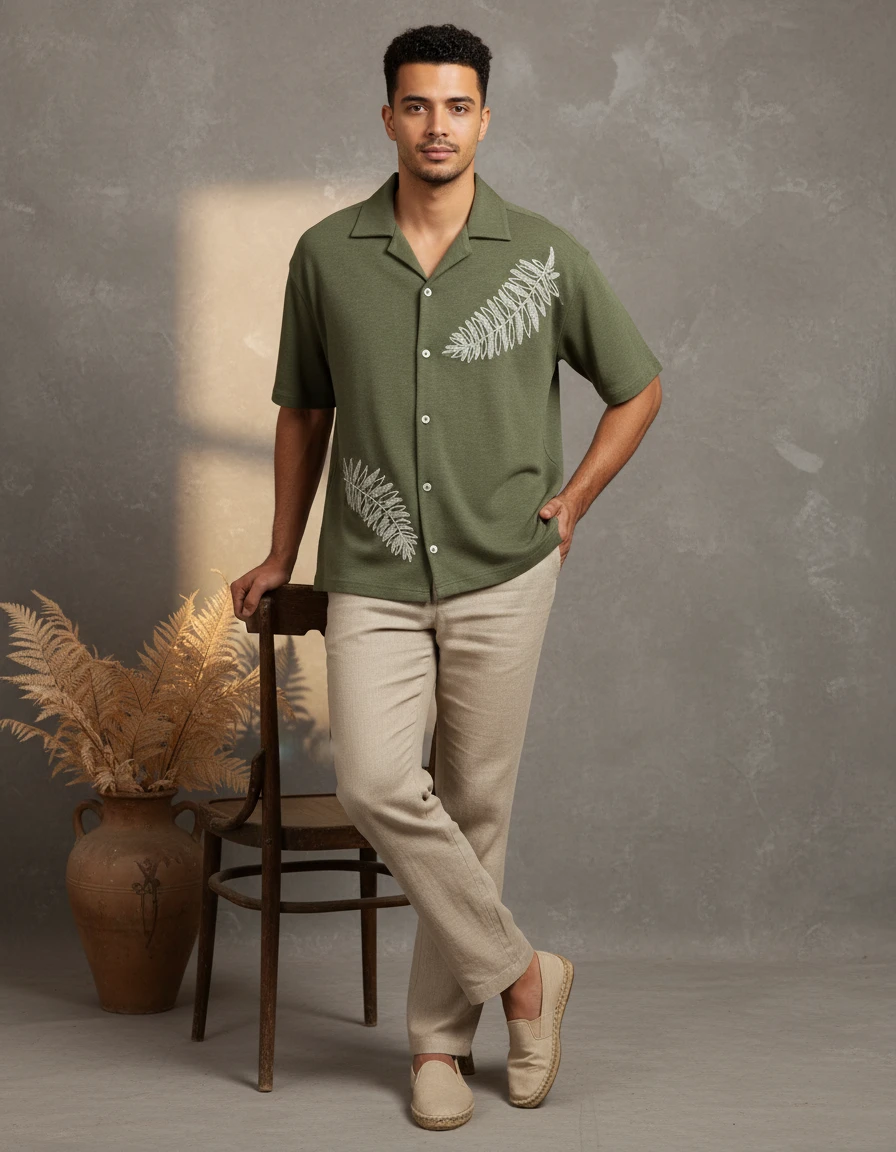 Man wearing an olive green short-sleeve shirt with white fern embroidery, paired with beige trousers, posing near a chair.