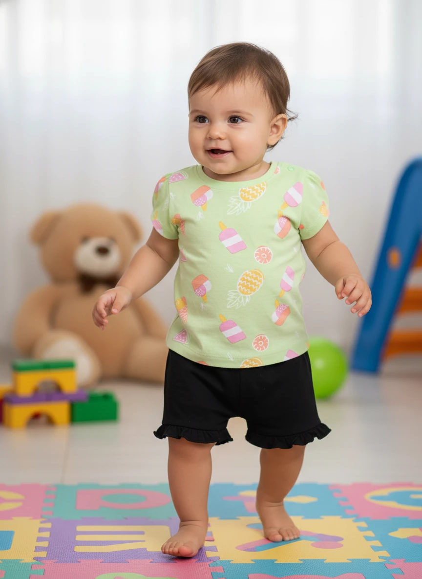 A young toddler stands in a playroom wearing a light green short-sleeve t-shirt with a colorful popsicle print and black ruffle hem shorts.