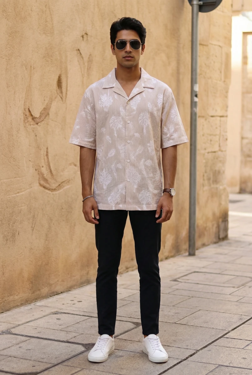 Man standing outdoors wearing a beige short-sleeve button-down shirt with white leaf patterns, black trousers, and white sneakers.