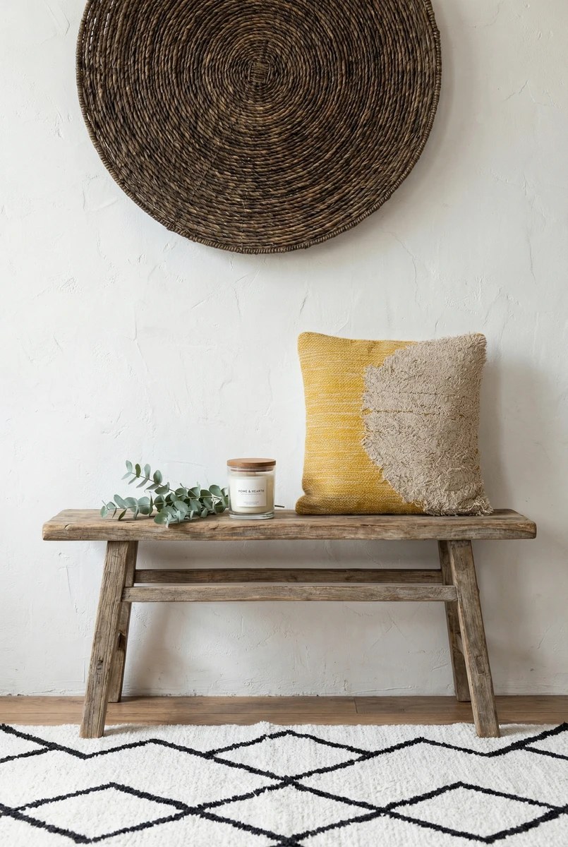 A yellow and beige textured cushion sits on a wooden bench next to a candle and eucalyptus branches.