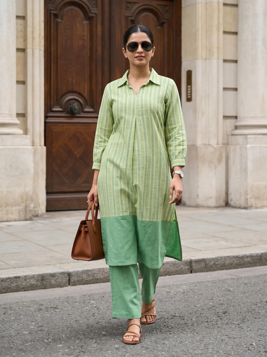 Woman wearing a lime green striped kurta and matching green trousers with brown leather handbag standing in a city street.