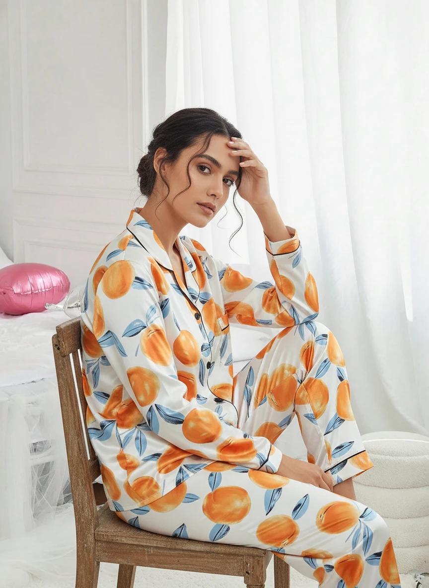 Woman wearing white satin pajama set with orange fruit print, sitting on a wooden chair.