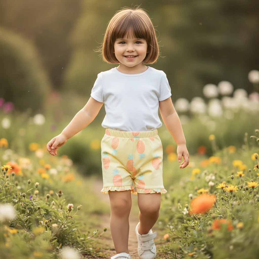 A young girl with a bob haircut wearing a white t-shirt and yellow pineapple print shorts walking through a flower garden.