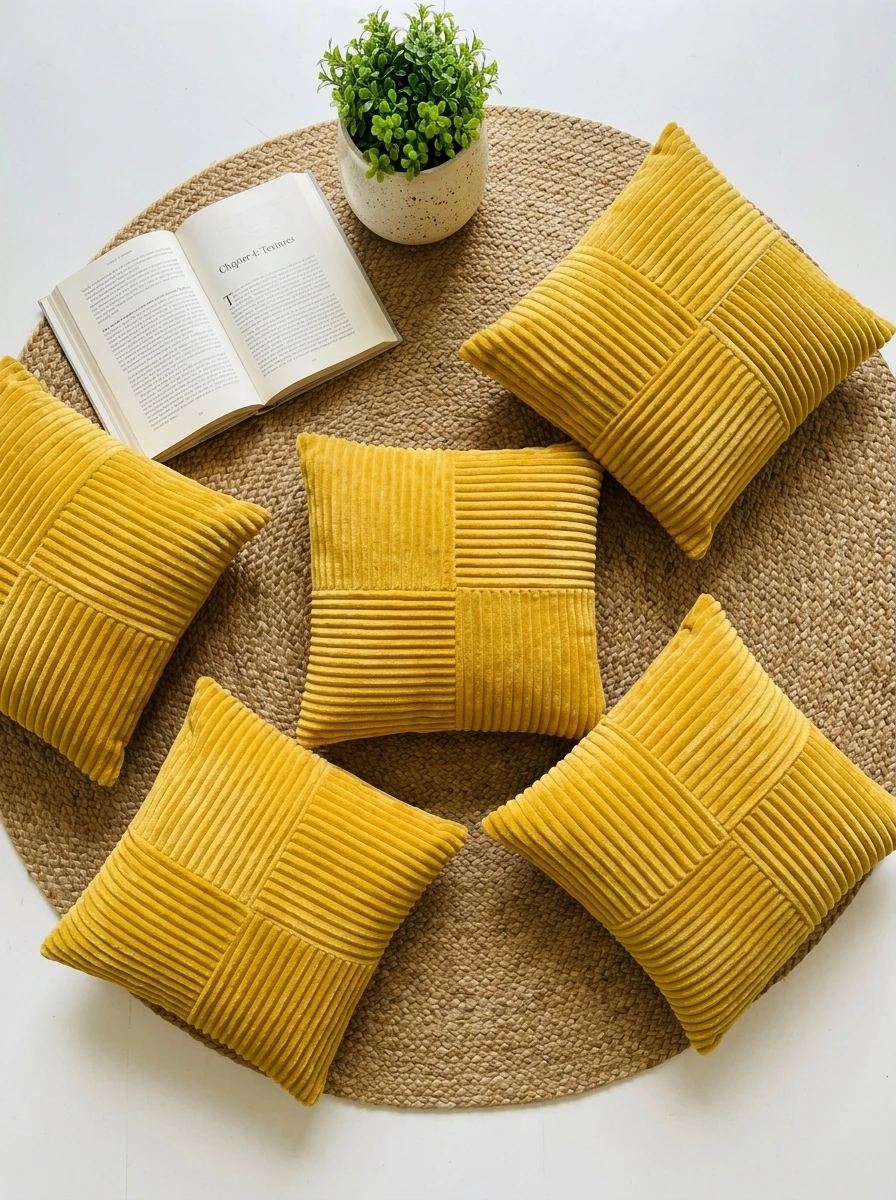 Five yellow corduroy cushions arranged on a round woven rug with an open book and potted plant.