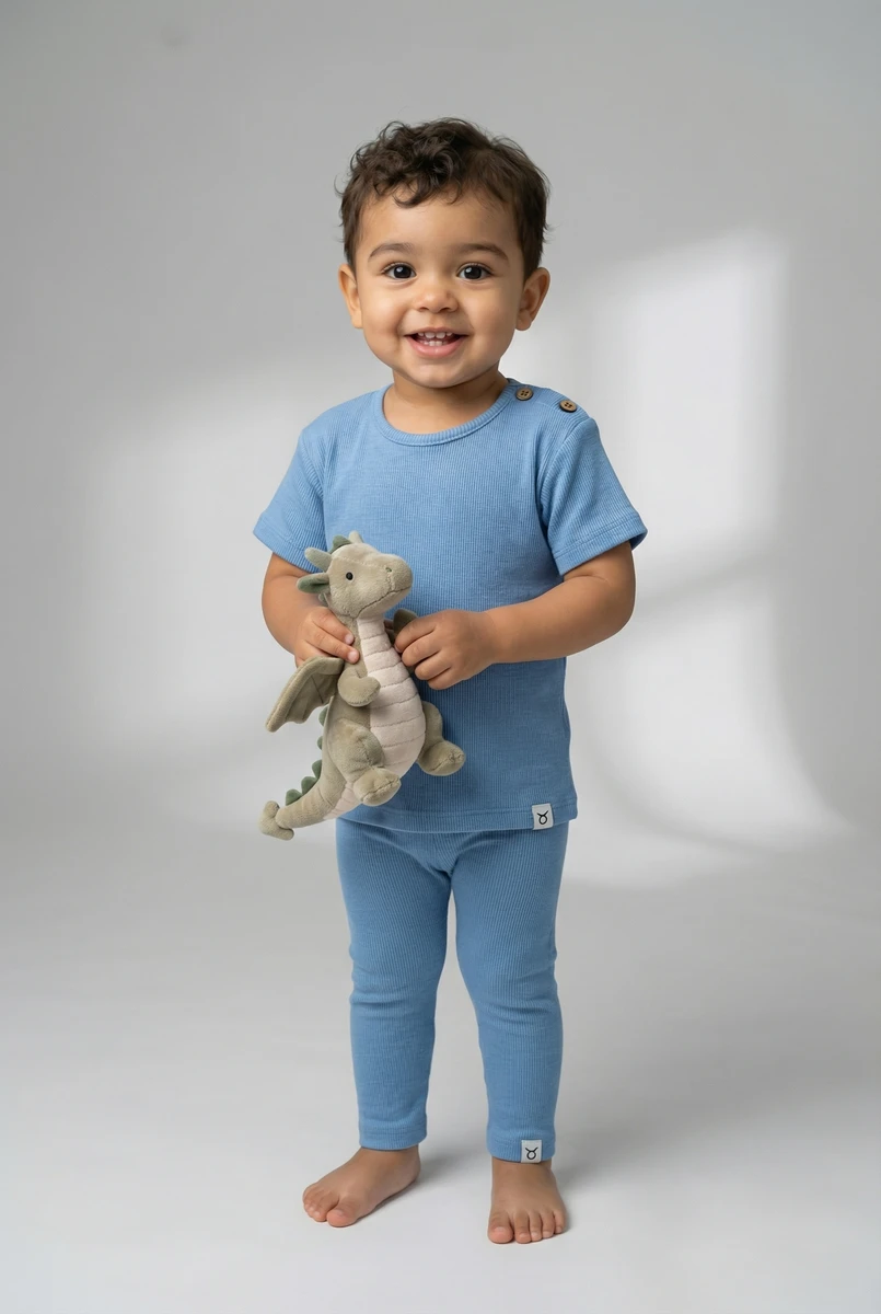 A smiling toddler wears a blue ribbed short-sleeve top and leggings while holding a plush dragon toy.