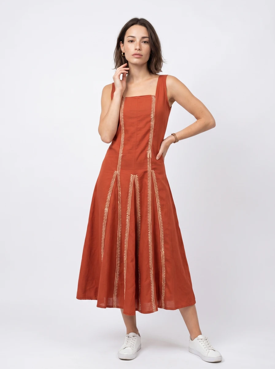 A woman posing in a terracotta sleeveless midi dress with white decorative stitching against a plain grey background.