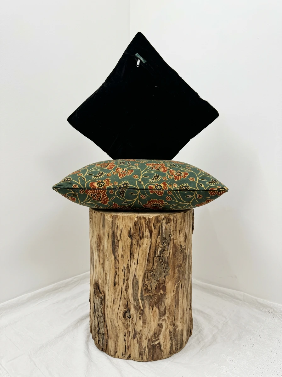 A black velvet cushion balanced on a green floral print cushion atop a rustic wooden stump.