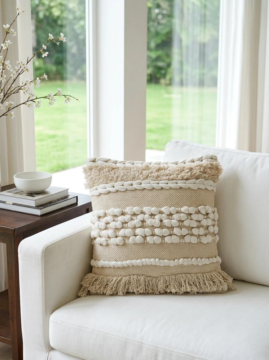 Beige textured throw cushion with braided details, pom-pom rows, and fringe edges, displayed on a white sofa indoors.