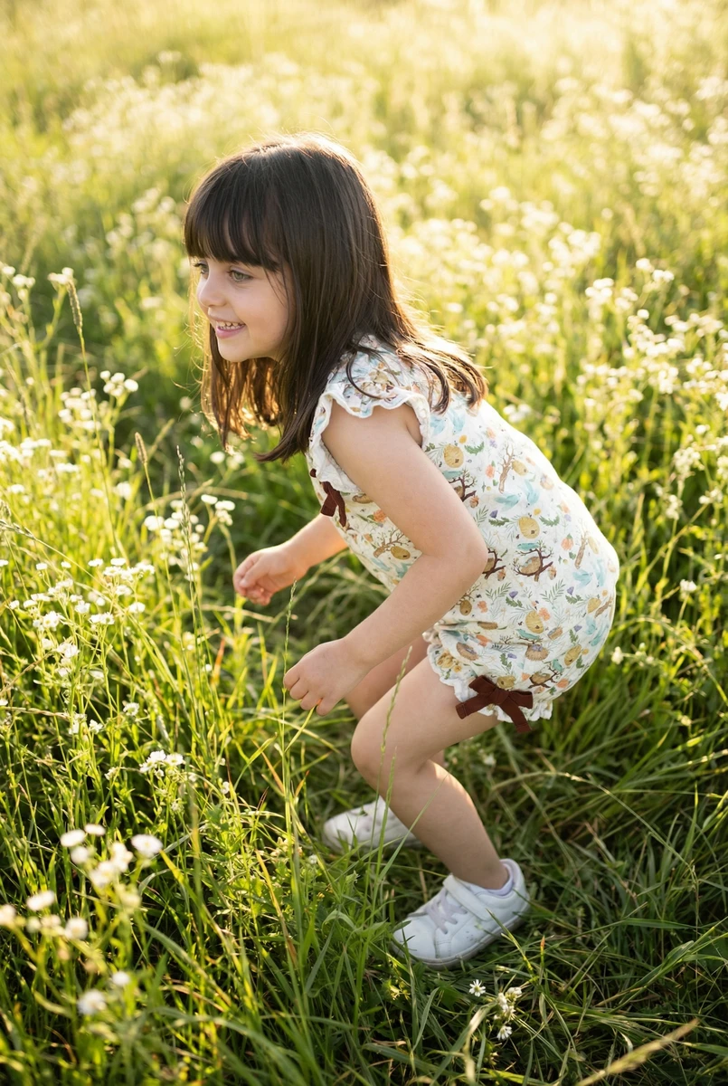 Toddler in a white floral romper with brown bows, playing in a sunny meadow.
