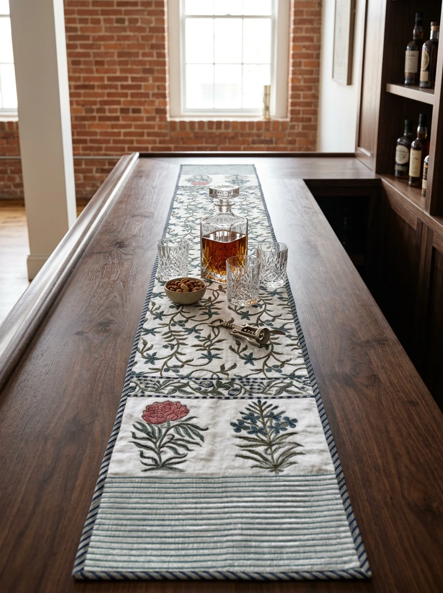 An embroidered table runner with floral motifs and blue stripes displayed on a dark wood bar counter.