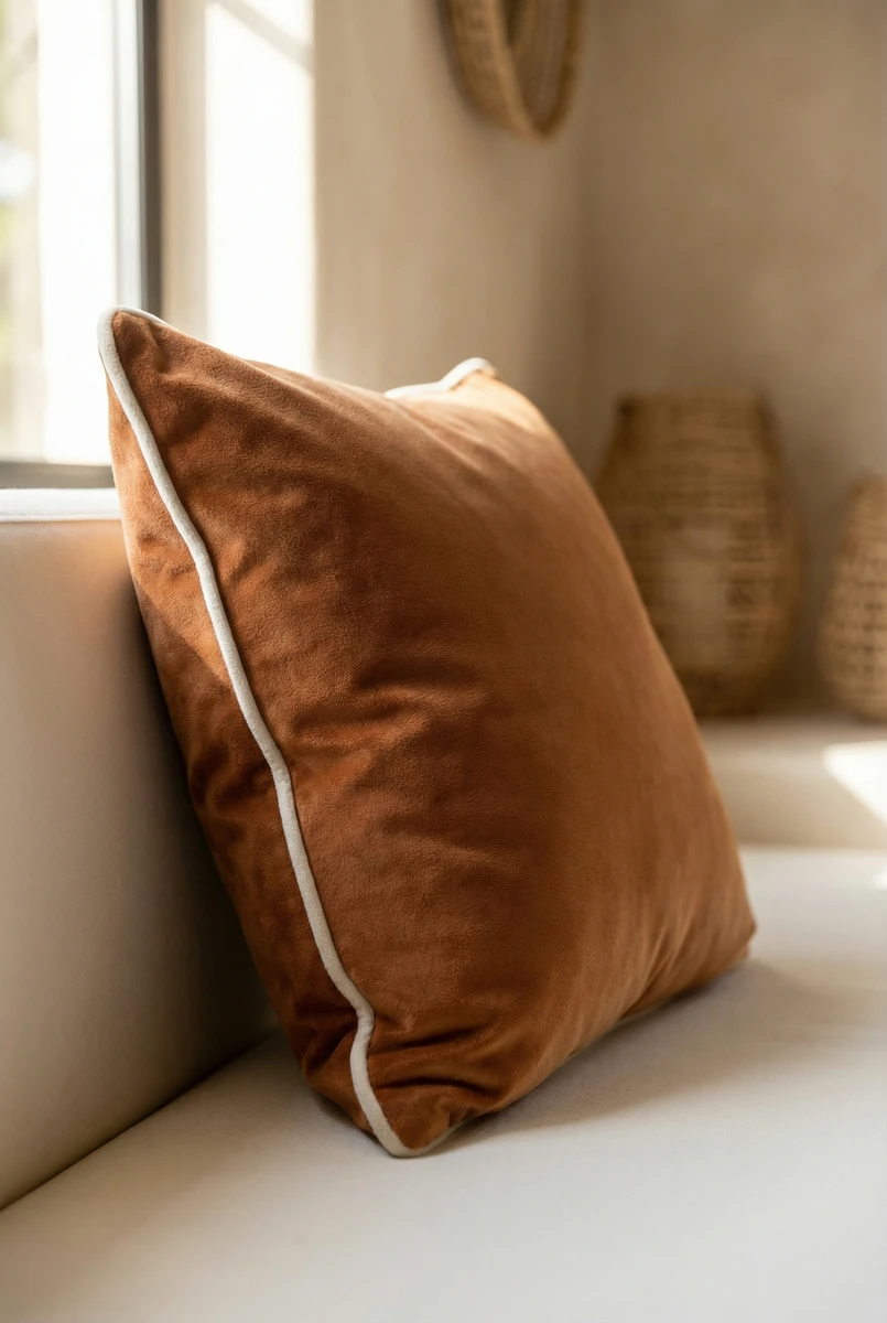 Sanskruti square cushion in burnt orange velvet with white piping resting on a beige sofa in soft natural lighting.