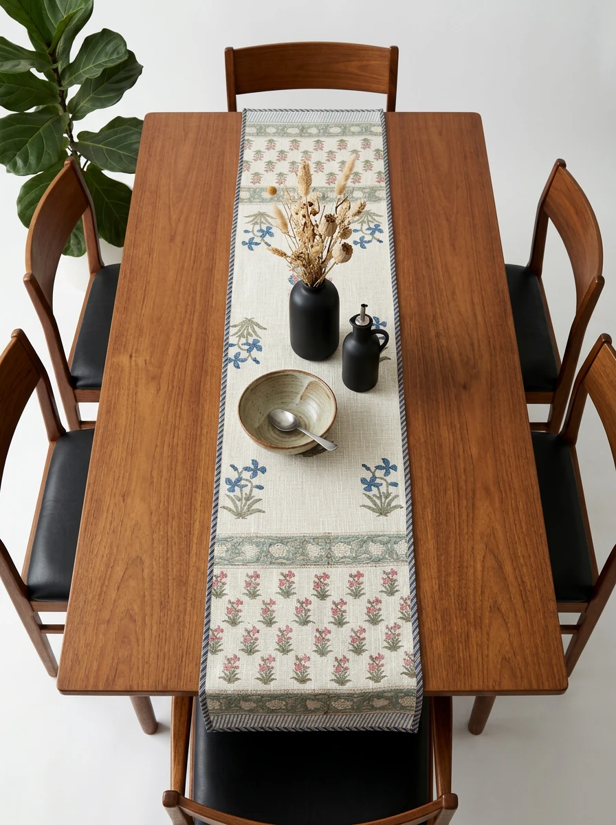 A decorative table runner with blue and pink floral patterns centered on a wooden dining table surrounded by chairs.