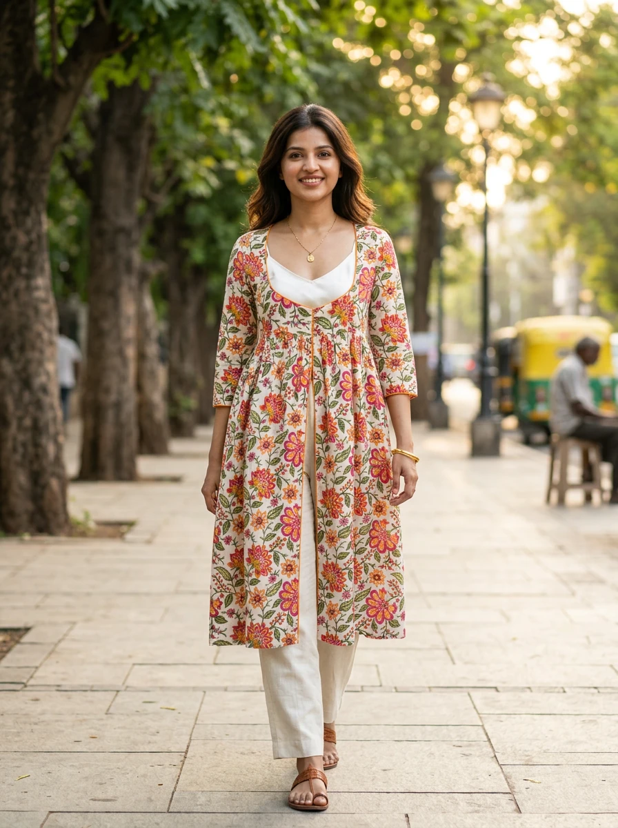 Woman walking on a tree-lined sidewalk wearing a knee-length floral print shrug over a white top and trousers.