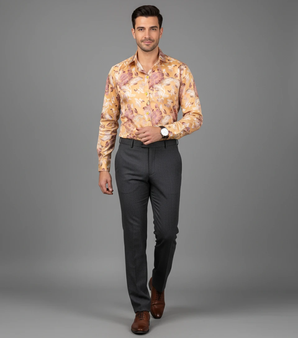 A man wearing a yellow floral long-sleeve button-up shirt and dark gray trousers against a plain gray background.