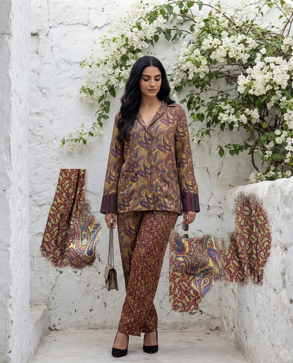 Model standing against a white wall with white flowers, wearing a brown and yellow paisley print lounge set.