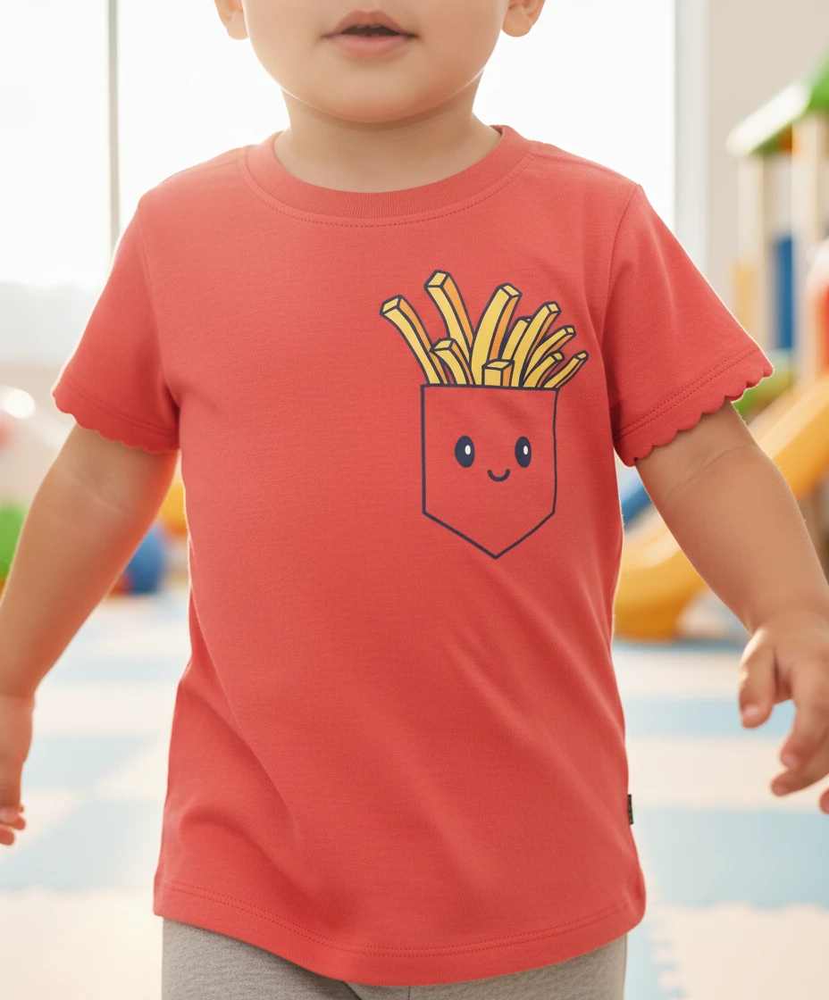 A young child wearing a coral red short-sleeve t-shirt featuring a graphic of french fries in a cute pocket.
