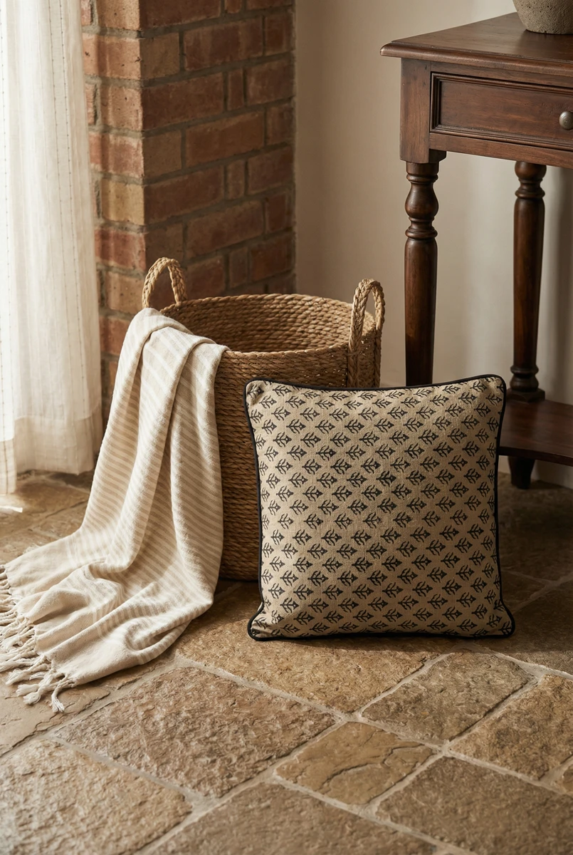 Sanskruti square cushion with black leaf pattern on stone floor near a woven basket and beige striped throw blanket.