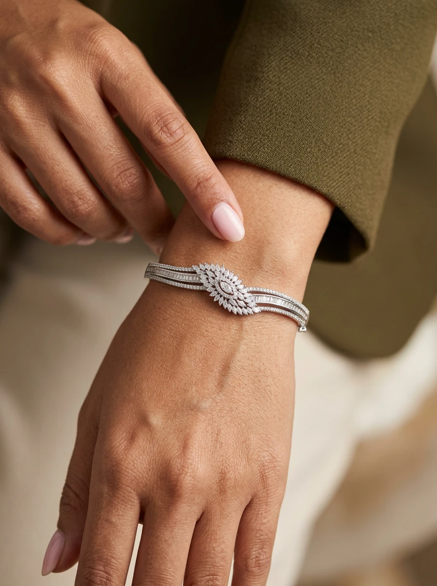 Studio AI photoshoot on a model of a diamond bracelet, for a bracelet brand selling on marketplaces
