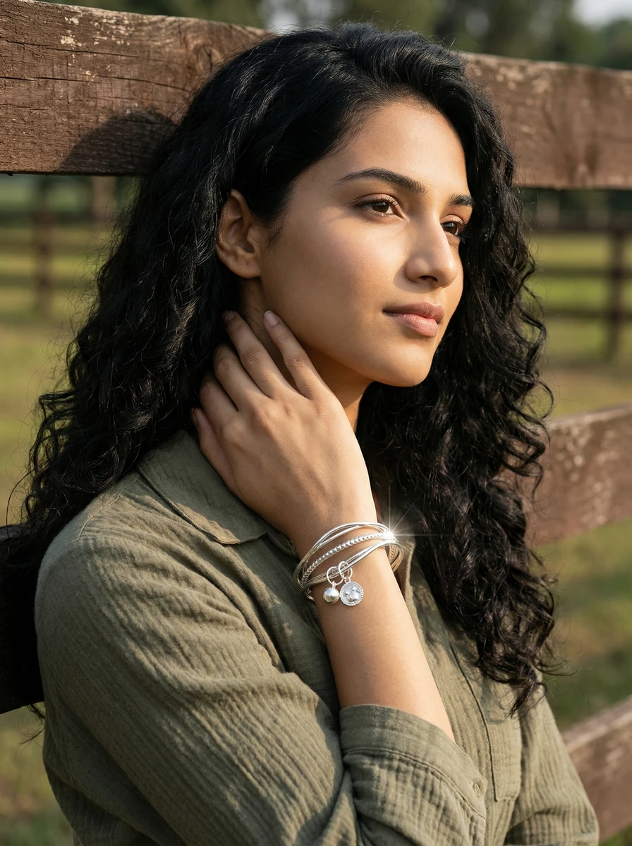 Outdoor lifestyle AI photoshoot of a silver charm bracelet on a model, for a bracelet brand selling on marketplaces