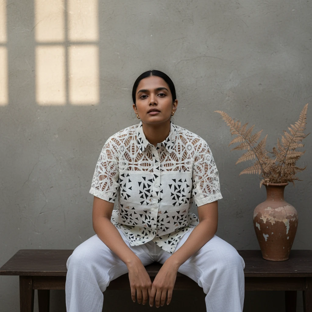 Model sitting on a bench wearing a patterned short-sleeve shirt with lace yoke and white trousers.