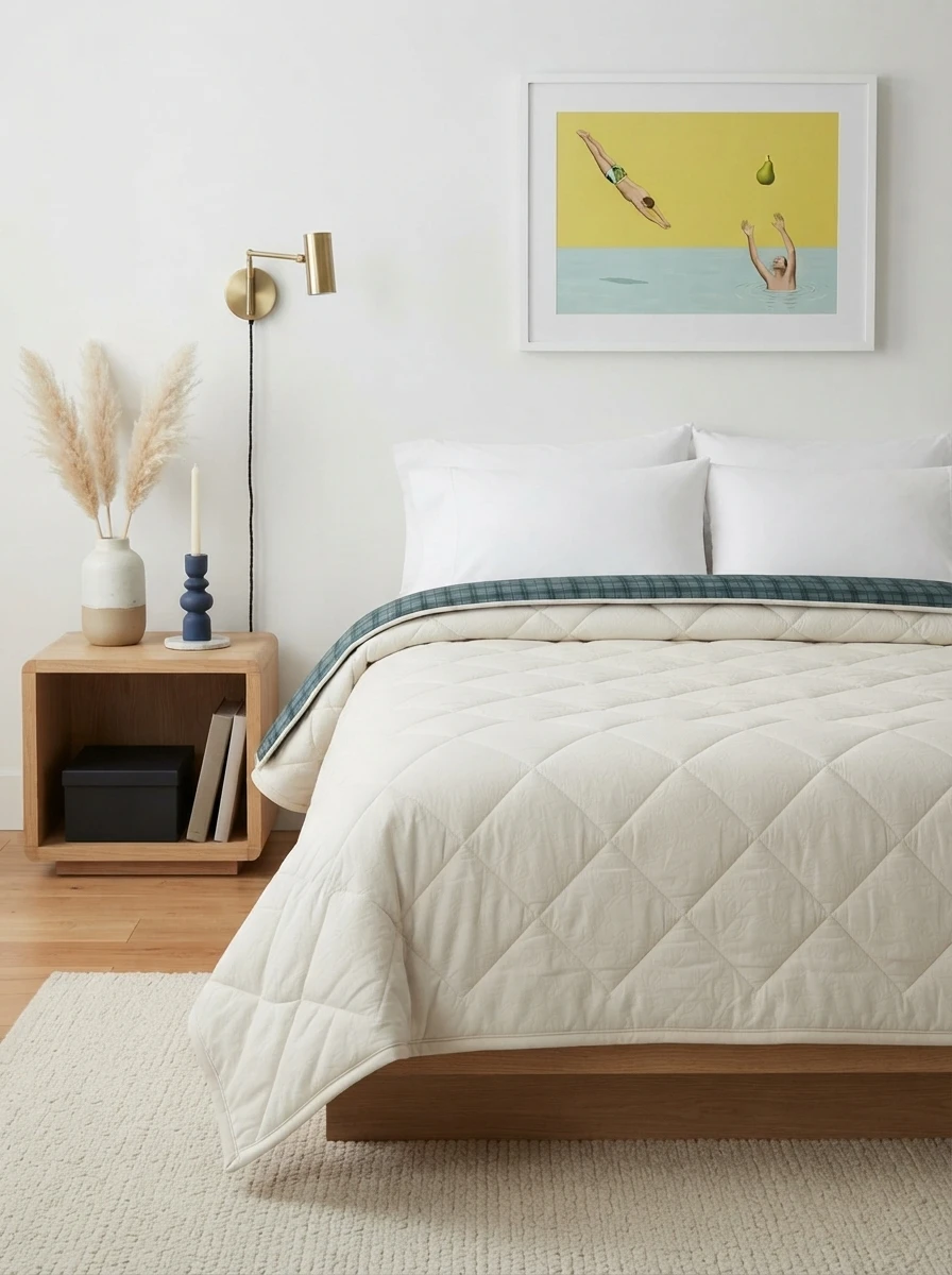 Cream quilted comforter with plaid trim styled on a bed in a minimalist bedroom