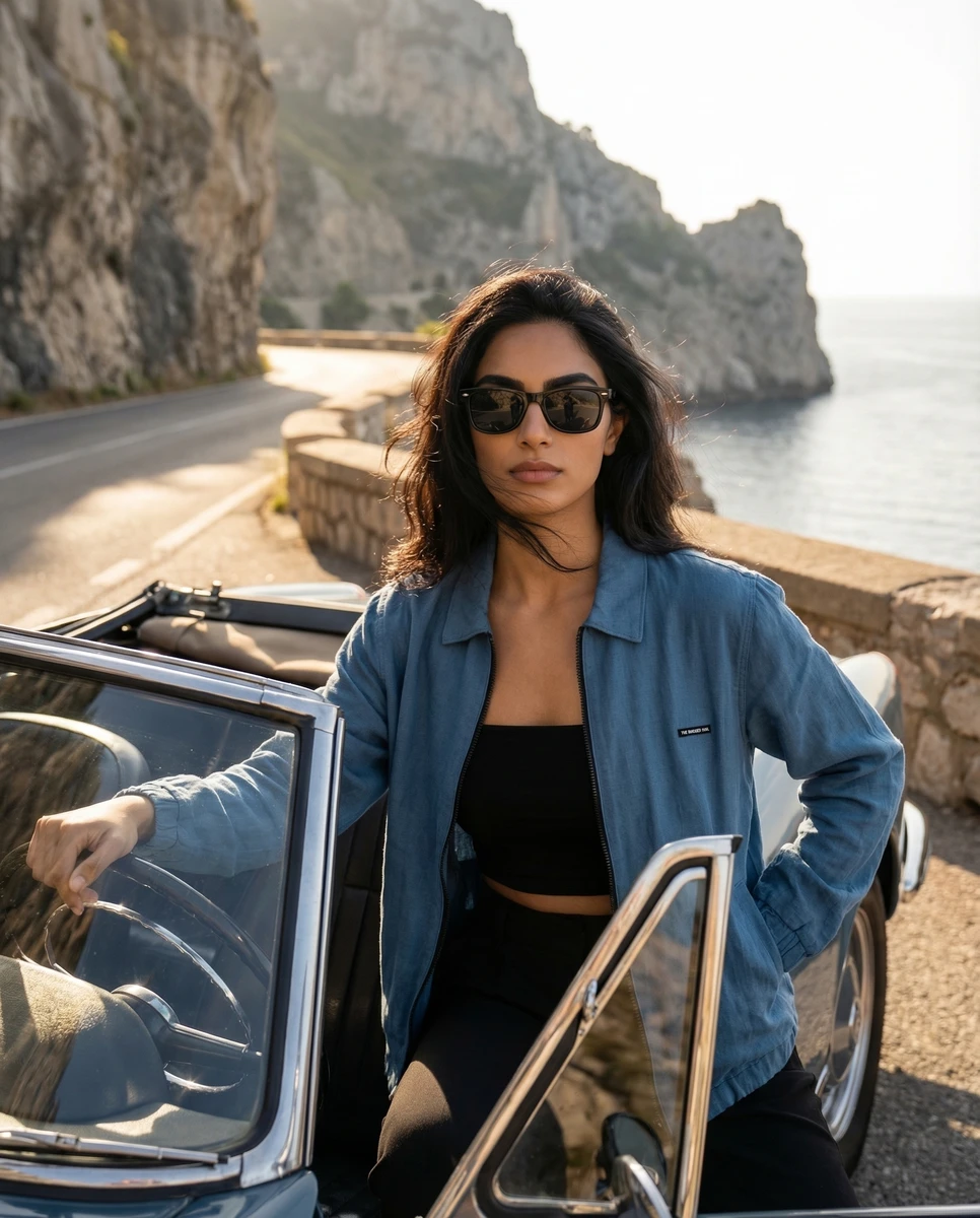 Woman in a blue zip-up jacket and black tube top leaning against a vintage convertible on a coastal road.