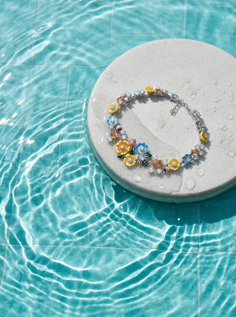 Outdoor lifestyle AI photoshoot of a floral bracelet on a stone platform, for a bracelet brand selling on marketplaces