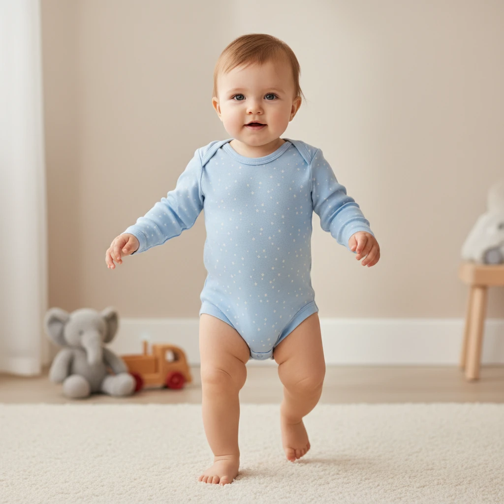 A smiling baby wearing a light blue long-sleeve bodysuit with tiny white star patterns, walking on a soft beige carpet.