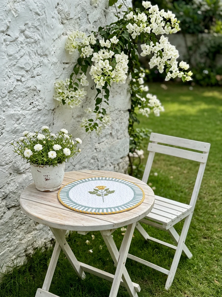 Round quilted table mat with floral center on an outdoor wooden table beside a white chair and white wall.