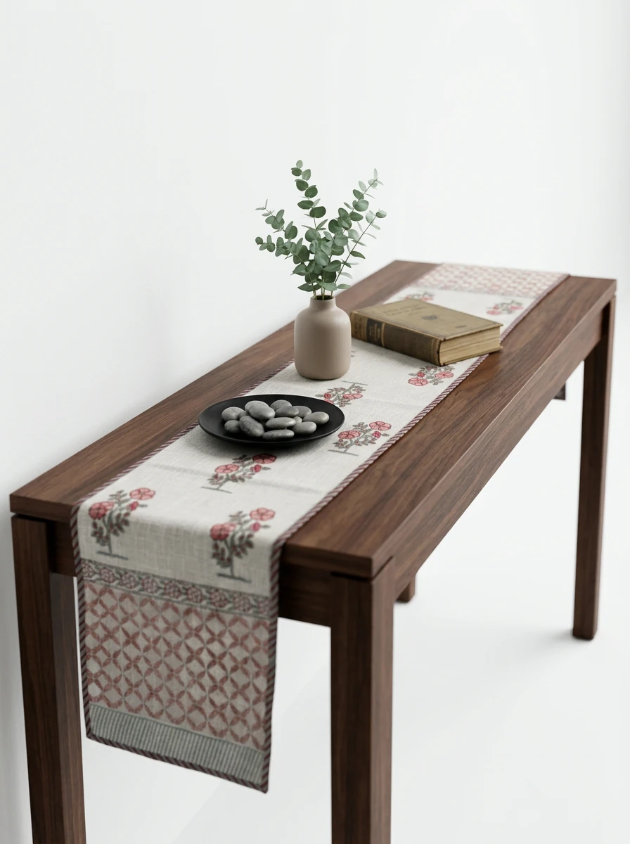 A decorative patterned table runner with floral motifs draped on a dark wooden console table.