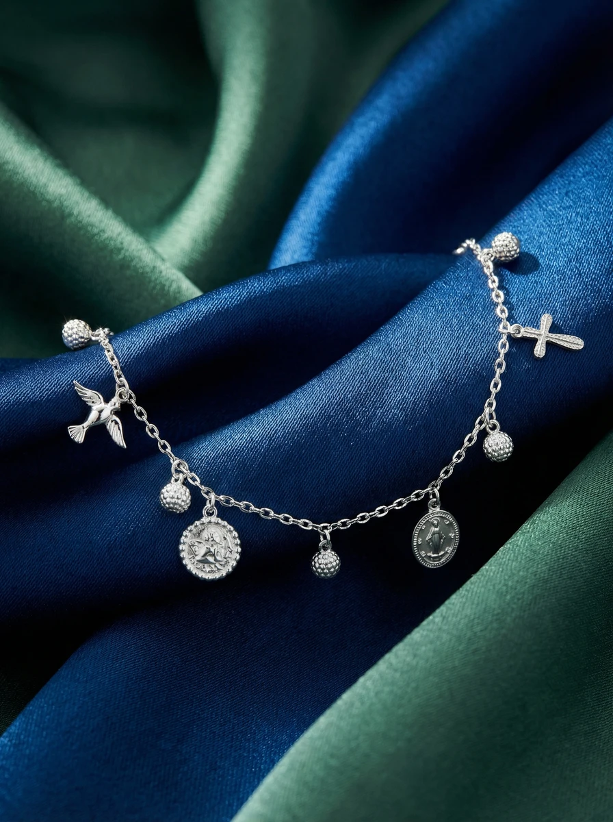 Outdoor lifestyle AI photoshoot of a silver charm bracelet on fabric, for a bracelet brand selling on marketplaces