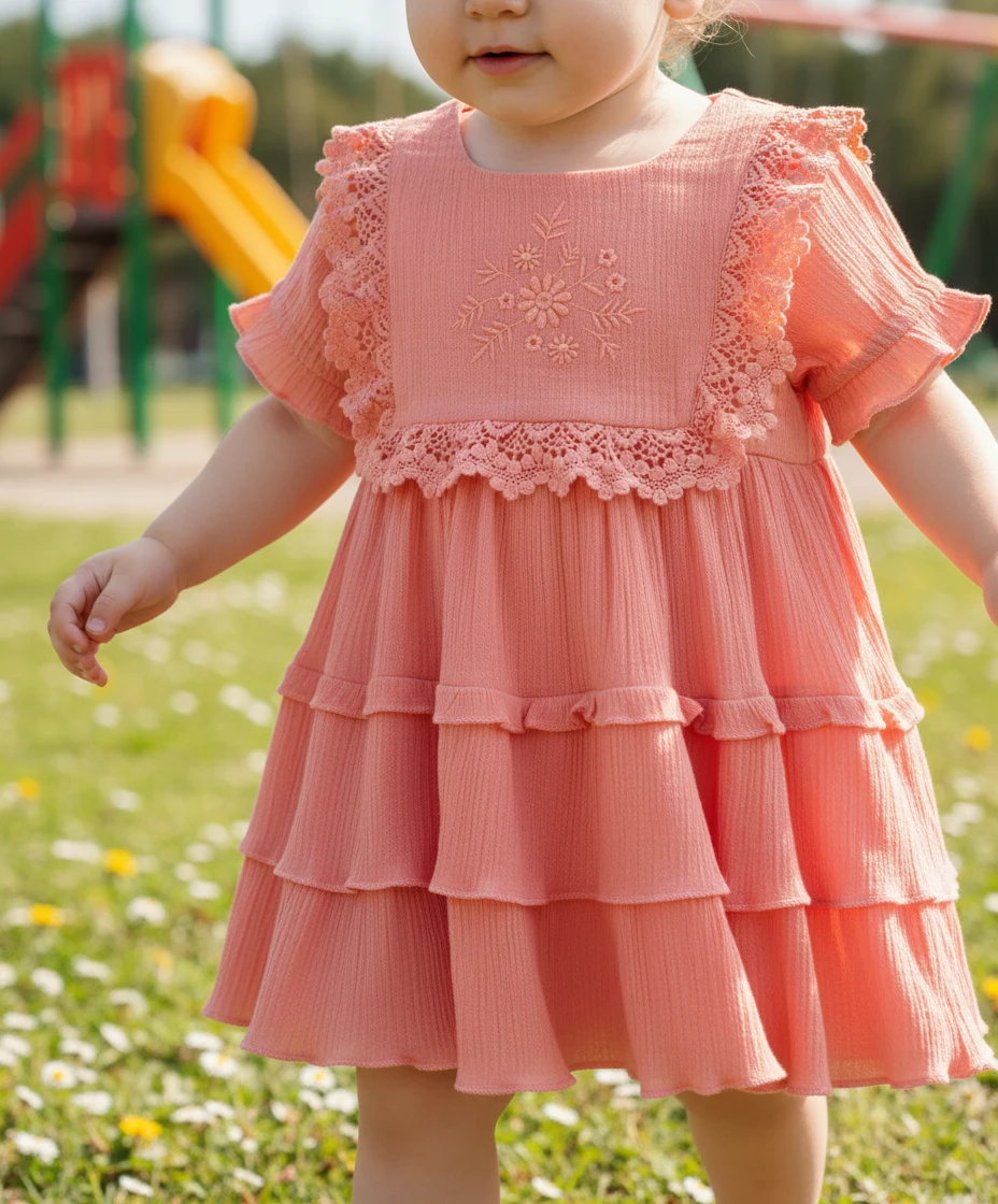 Toddler wearing a peach pink tiered dress with lace trim and floral embroidery standing outdoors.